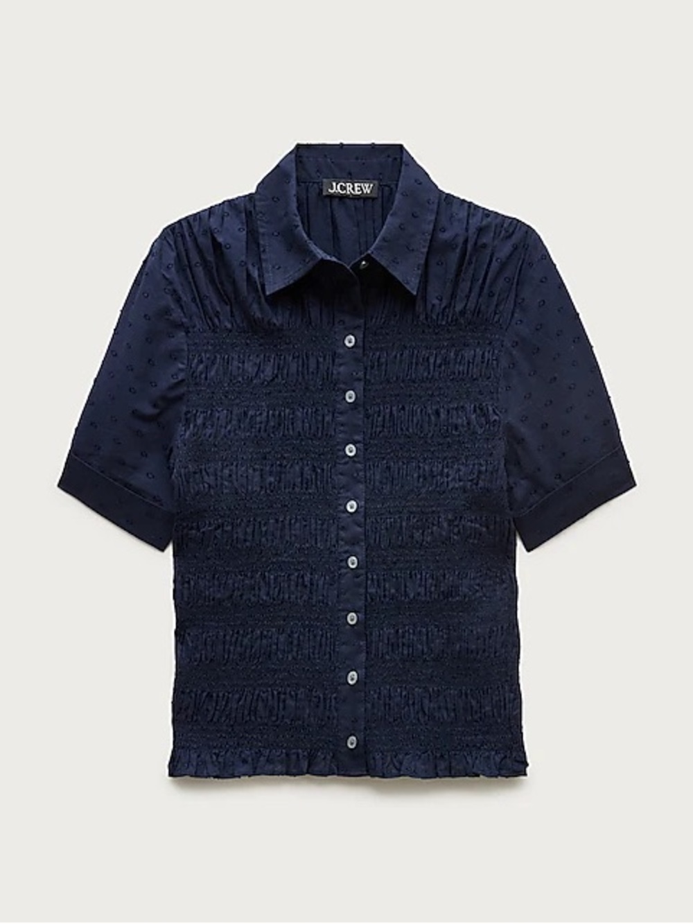🌑 J. Crew Smocked Button Down Shirt ~ Navy Polka Dot